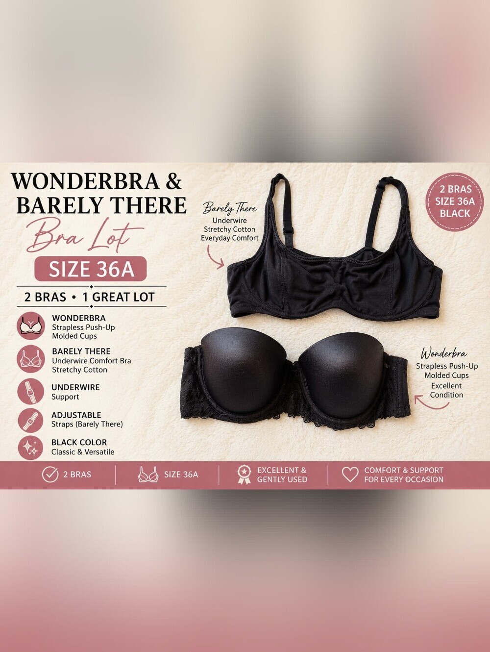 Wonderbra & Barely There Bra Lot 36A Black Underwire Strapless Push Up